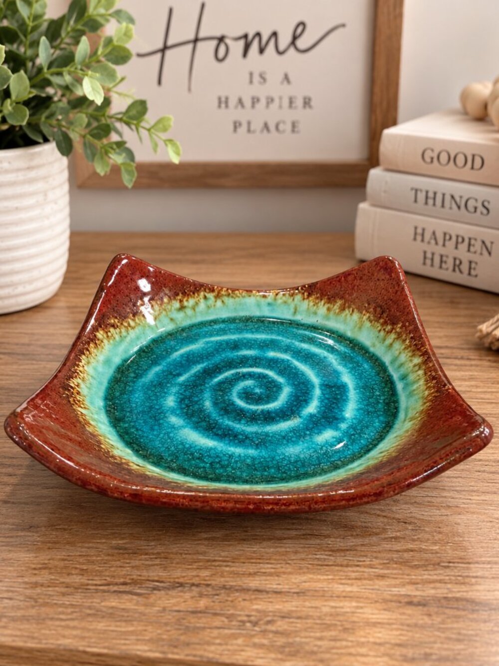Turquoise Brown Glazed Ceramic Candle Holder Trinket Dish 6x6